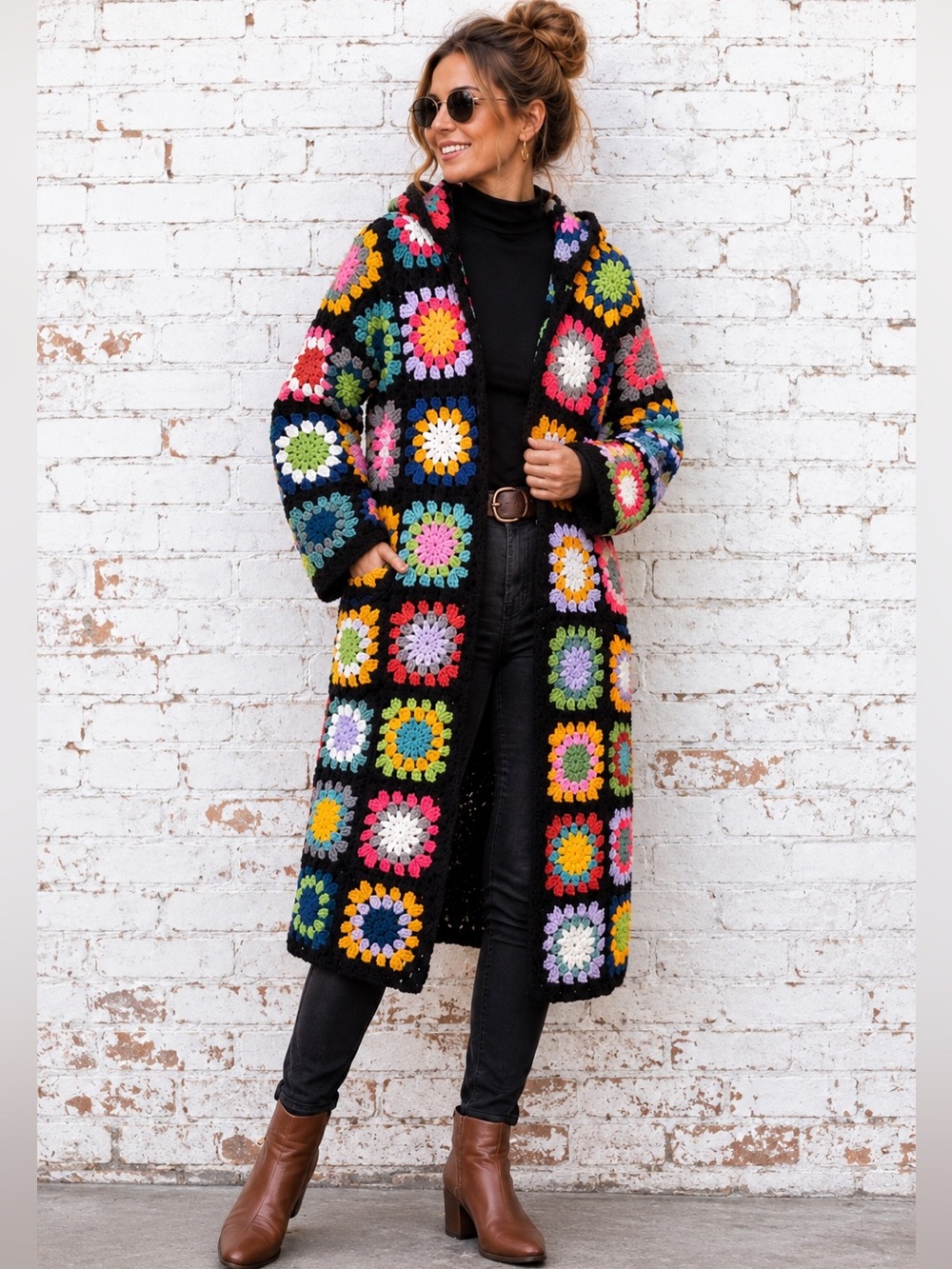 Handcrafted Boho Granny Square Long Hooded Crochet Cardigan Coat – Multicolour
